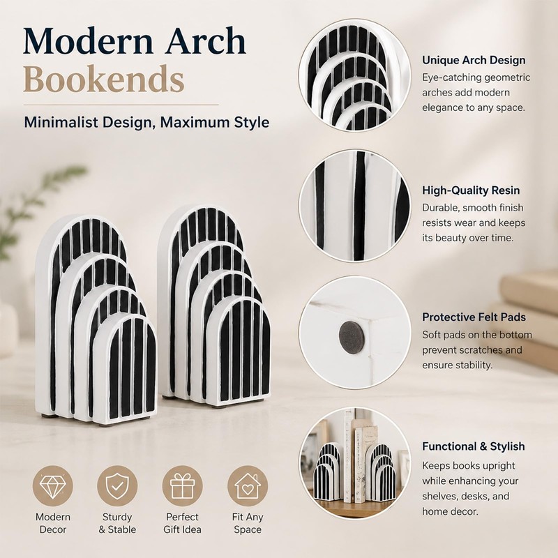Modern Striped Arch Bookends Set of 2 Resin Black White