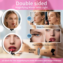 Magnifying Mirror with Light 10X/1X, Double Sided Travel Makeup Mirror with Lights and Magnification, Rechargeable 3 Colors Dimming Lighting, Large Size of 6inch, Foldable Design, 360°Angle Adjustable