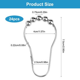 Pack of 24 Shower Curtain Hooks, 7.5 x 4 cm, Lightweight Sliding Shower Curtain Hooks, Silver Shower Curtain Rings, Metal Curtain Hooks with Sliding System, Metal Shower Curtain Hooks, for Shower