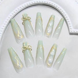 SXTSZJ Press on Nails Long Coffin Fake Nails with Designs Daisy Stick on Nails Green French False Nails Gold Bow Acrylic Nails Ballerina Artificial Nails Full Cover Glue on Nails for Women 24Pcs