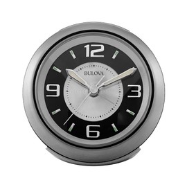 Bulova - 3.75" W x 3.75" H B5027 Lite Night Alarm Clock | Brushed Silver-Tone Case | Illuminated Dial | Luminous Hands | Quiet Sweep | Snooze Function