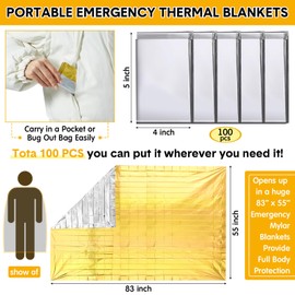 Copkim 100 Pack Emergency Foil Thermal Blanket Bulk 83 x 55'' Waterproof Space Blanket First Aid Survival Blanket for Outdoors, Camping, Hiking, Homeless, First Aid, 50 Pc Silver 50 Pc Gold Silver