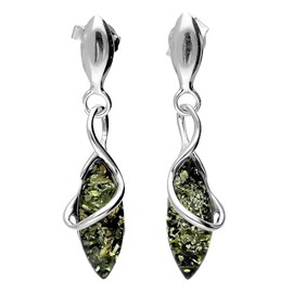 Marquise/Teardrop Cut Green Baltic Amber Sterling Silver Dangly/Dangle Drop Earrings for Women Ladies Girls - 925 Sterling Silver - Amber Jewellery for Women