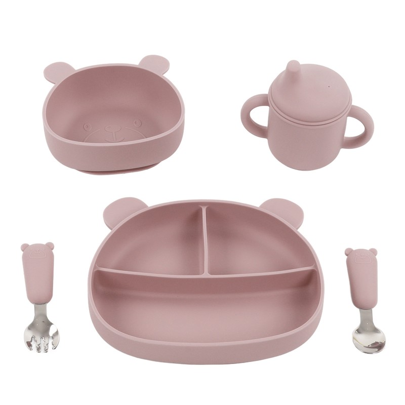 5pcs Baby Feeding Kit Food Grade Silicone Bear Design Plate