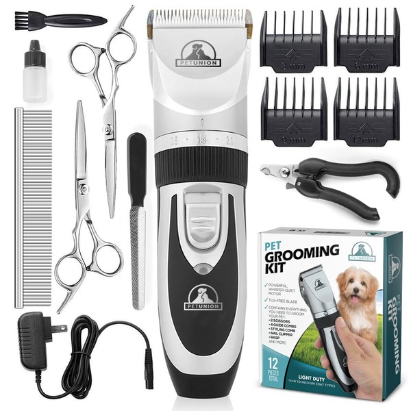 Professional Dog Grooming Kit - Cordless Low Noise Dog Clippers for Grooming Thick Coats - All Pet Safe Cat Hair Trimmer - Pet Grooming Kit Includes Dog Hair Clippers, Nail Trimmer & Shears