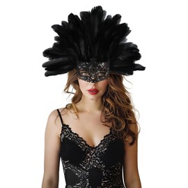 JEGERMIG Black Feather Masquerade Mask Headwear Carnival Headpiece Showgirl Cosplay Accessories for Women