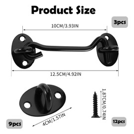3pcs Stainless Steel Cabin gate Hook and Eye Latch Lock 4 Inch Privacy Gate Cabinet Latches Heavy Duty Gate Metal Door Latches for Window Sliding Door Bedroom and Bathroom (Black) 【Package Includes】P