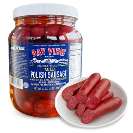 Bay View Smoked Pickled Polish Sausage, No MSG, Gluten Free, No Soy, 0g Sugar, 8g Protein, Hardwood Smoked, Mouthwatering Pickled Snack (32oz, Mild)