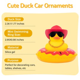 wonuu Car Rubber Duck Car Duck Decoration Dashboard Car Ornament for Car Dashboard Decoration Accessories with Mini Sun Hat Swim Ring Necklace and Sunglasses, A-Cowboy Hat Red&Donut, WN113