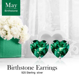 Memorjew Silver Emerald Heart Stud Earring, 925 Sterling Silver, 0.4 carats, Green, Hypoallergenic for Her, Birthstone Earring for Women and Girls