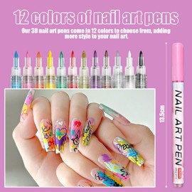 Nagellack Stift, 12 Farben 3D Nagellackstifte für Nägel, Nagellack Stifte Set, Graffiti-Punktierungsstift Zeichnen Malen Liner DIY Nagelkunst(12 Stück)