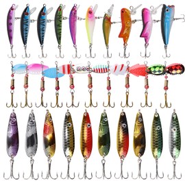 30pcs Metal Fishing Lures Spinnerbait Kit Trout Spoon Lure Colorful Casting Roostertail Spinner Baits Minnow Crankbait with Treble Hooks for Trout Bass Salmon Walleye