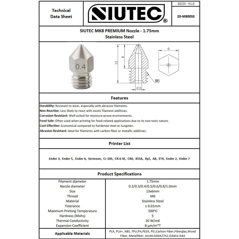 SIUTEC® Premium MK8 stainless steel nozzle/nozzle as set of 7