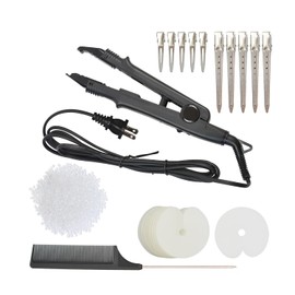Hair Extensions Tool Kits with Fusion Heat Iron Connector Wand US Plug 50 Pcs Single Hole Heat Shield Guards 10 Pcs Hair Clips 50g Keratin Beads (Black A Head)