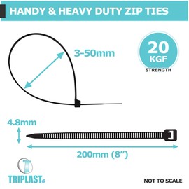 Triplast Essential Black Cable Ties - Pack of 200 x 8" Heavy Duty Zip Ties (200mm x 4.8mm) - Self Locking Anti-Slip & UV Resistant Nylon Plastic Tie Wraps for Cable Management & Indoor/Outdoor Use