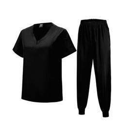 Meichoon Nurse's Uniform Set Lightweight V-Neck Top with Elastic Pants Natural Skin-Friendly for Men and Women DK06 Black Small