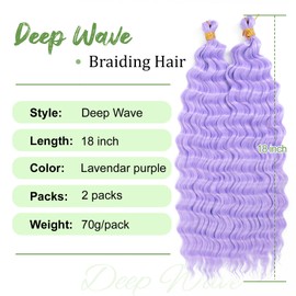 Purple Braiding Hair 18 Inch 2 Packs Long Lavender Purple Deep Ocean Wave Crochet Hair for Black Women Deep Wave Braiding Hair for Boho Braids (18 inch, lavender purple)