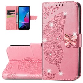 Monwutong Wallet Case for Moto G Play 2023,3D Butterfly Pattern PU Leather Flip Kickstand Case with Magnetic Clasp and Cash Card Slots Holster for Moto G Play 2023, HZD Rhinestone Pink