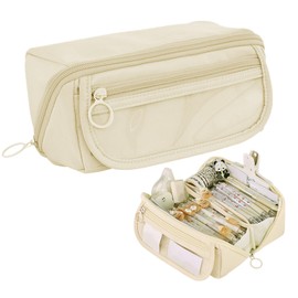Lvjkes Pencil Case with 9 Compartments and Large Capacity, Multifunctional Large Opening Pencil Case, Durable and Waterproof, for Children, Women, Men, Teenagers (Beige), beige, Fashion