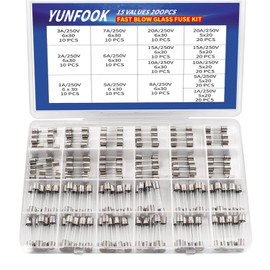 200 Pcs Glass Fuses Assortment Kit - 15 Values Fast Blow Fuses,250V 1A, 2A, 3A, 5A, 6A, 7A, 8A, 10A, 15A,20A 5x20mm & 6x30mm