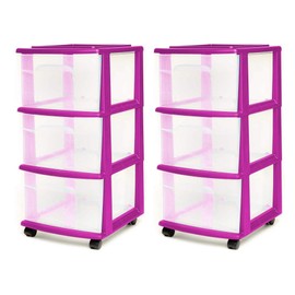 HOMZ 2-Pack Drawer Tower, 3-Tier Clear Plastic Storage Organizer Cart, Purple Frame