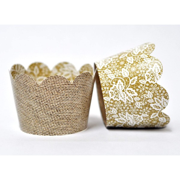 Burlap Cupcake Wrappers for Weddings, Birthday Parties, Anniversary Celebrations, Bridal Showers, and Rustic Parties. Set of 24 Reversible Jute Burlap to Lace print Scalloped Cup Cake Holder Wrap