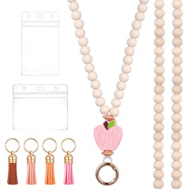 HaiFafafaing Boho Teacher Lanyard with ID Holder, Natural Wood Beaded Lanyard for Id Badges Keys, Cute Teacher Lanyards for Women