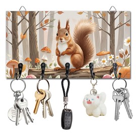 DELORIGIN Squirrel Key Holder with 5 Hooks Wall Mounted Wooden Storage Shelves for House Keys Organiser Hanger for Wall Decoration Door Entrance Hallway Kitchen