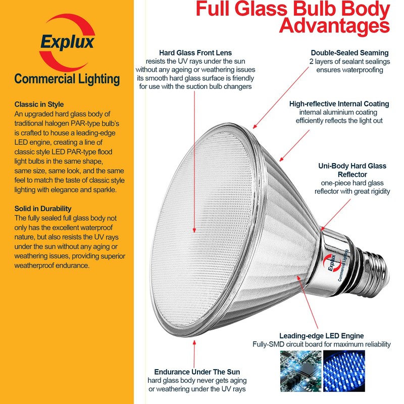 Explux Full Glass PAR38 Outdoor Flood Blue Light Bulbs, 120W