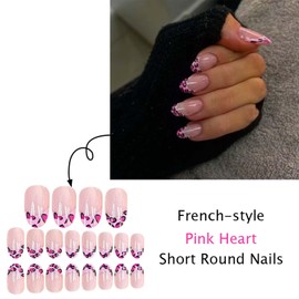 24PCS Almond Press on Nails - Pink False Nails - Pink Based with Heart Pattern on Tip Stick on nails - Nails French Tip Nail Art Acrylic False nails with Glue Home DIY Nail Art