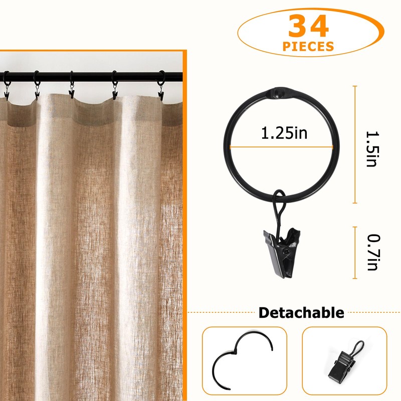 34 PCS Openable Curtain Rings with Clips, 1.25-Inch Inner Diameter