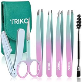 Triko Set 7 Pinzas para Cejas, Kit Profesional Acero Inoxidable, Pinzas de Precisión de Depilar y Dar Forma a las Cejas, Incluye Tijeras Curvadas y Maquina de Afeitar. (Multicolor)