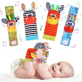 Wrist Rattle Foot Finder Socks Set for Baby Arm Hand Bracelet Rattle Feet Leg Ankle Socks Newborn Soft Sensory Toys Baby Socks Newborn Rattles Toys Baby Gifts 0-3 6-12 Months Infant Girl Boy