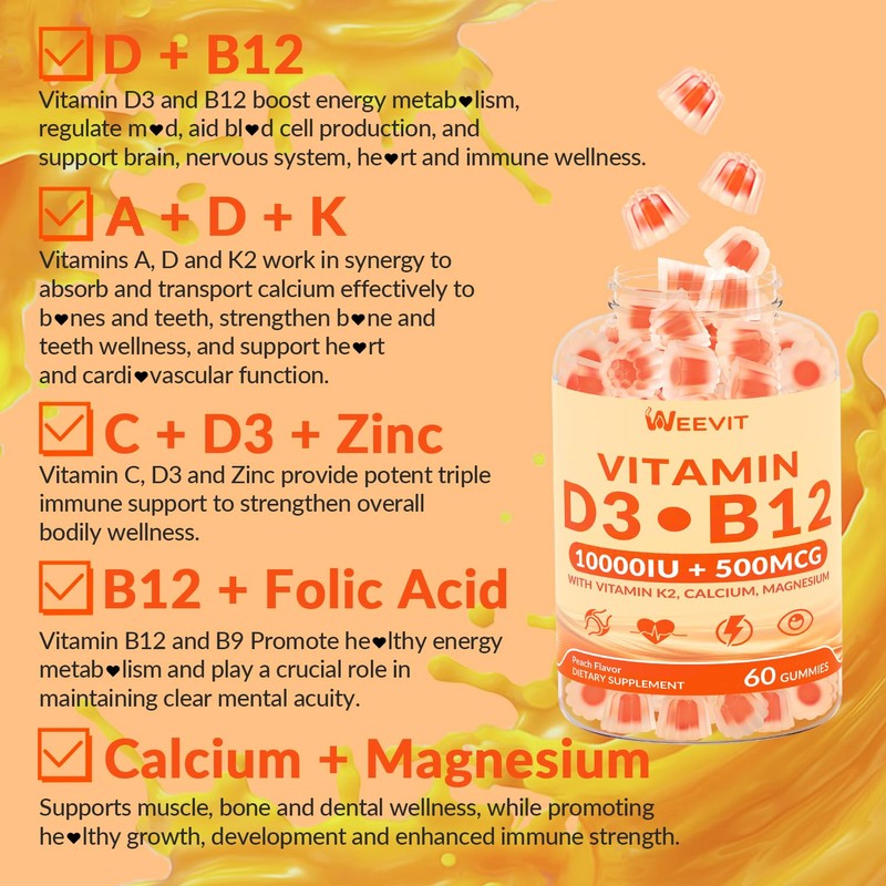 WEEVIT Vitamin D3 B12 Gummies, Vitamin D 10000IU & 500mcg