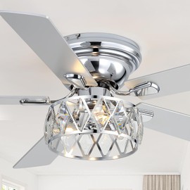 Breezary 52 Inch Flush Mount Ceiling Fans with Lights and Remote, 5-Blade, 6-Speed Reversible DC Motor, Modern Low Profile Ceiling Fan Crystal Fandeliers for Bedroom Living Room Kitchen (Chrome)