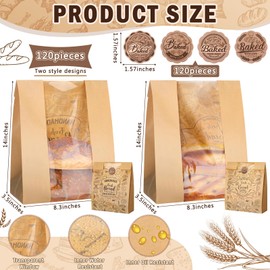 Spakon 120 Pack Large Kraft Paper Bread Bags for Homemade Bread 14" x 8.3" x 3.5" Sourdough Bread Bags Bakery Bags with Window with 120 Pcs Baked with Love Stickers for Baked Food Packaging Storage