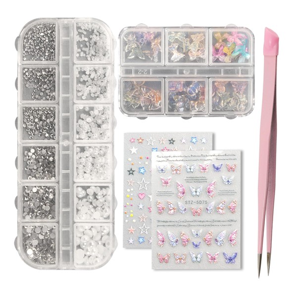 EKIND Nail Art Kit, Nail Art Rhinestone, 2 Sheets Nail Art Stickers Embossed Stereo 5D, Acrylic Butterfly Bear Bow Nail Jewelry, Double Ended Nail Art Tweezers, Nail Accessories For Nail Art