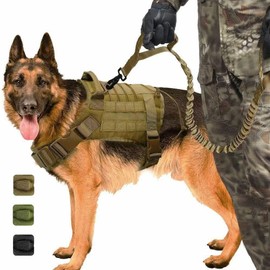 Tactical Dog Harness with Leash, for Hiking Training Military Service Dog Harness Suitable for Medium & Large Dogs (Khaki-M)