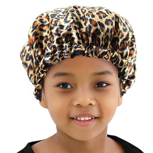 ELIHAIR Kids Satin Bonnets Sleeping Cap for Teens Toddler Child Baby Night Sleep Cap Adjustable Reversible Double Layer Leopard/Black