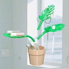 NeusWonder Mirror Monstera Bathroom Organizer, Unique Pot Design Holder with 3 Leaves Toothbrush & Toothpaste Organizer That Mounts to The Mirror, No Drill No Trace Wall-Mounted Storage Bathroom Decor