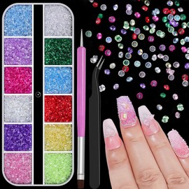 12000 Pcs Nail Art Rhinestones Kit,1.5mm Shiny Colorful Rhinestones,3D Pointed Bottom Nail Gems with Tweezers and Dual-end Brush for Manicure Salon DIY Crafts,Face Makeup Gems Jewels