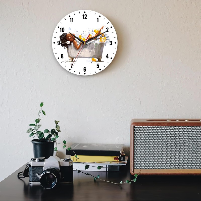 SPUNKER Wall Clocks,African Woman Bath Wall Clocks,Yellow Duck Battery Operated