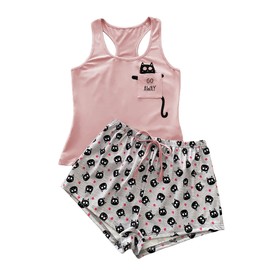MakeMeChic Women's 2 Piece Pajamas Cartoon Cat Graphic Tank Top and Shorts PJ Lounge Set, Dusty Pink, X-Large