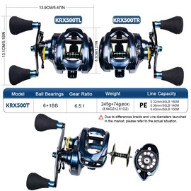 Baitcasting Fishing Reels - Casting 6.5:1 Gear Ratio Speed Spool Baitcaster Reels - 6+1 BB Carbon Fiber Drag Magnetic Braking System Low Profile Saltwater Offshore Fishing Baitcasting Reel 500TL