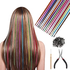 HIFOT Colourful Feather Hair Extensions Set, Art Hair Extensions Hair Strands, Children, Feather Hair Accessories, Hairpiece, Pliers, Hook with 100 Beads, Ponytail Braids, Extension Hair Extension