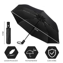 huipinghu Compact Travel Folding Black Umbrella,Durable Rain Windproof Portable Umbrella with Strong Ribs Reinforced Canopy Ergonomic Handle Auto Open/Close