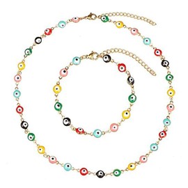 Colorful Lucky Evil Eye Bead Bracelet Choker Necklace Jewelry Set Rainbow Link Chain Protection Amulet Collar Necklace for Women Men Good Luck Jewelry Gift-A rainbow