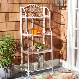 Safavieh PAT5014B Outdoor Collection Amaris Antique White Wrought Iron 4-Tier Bakers Rack