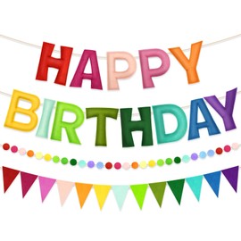 Generic Pre-Strung Happy Birthday Banner - Felt Ball Garland Happy Birthday Decorations Sign,Rainbow Colorful Party Decor for Women Men Kids