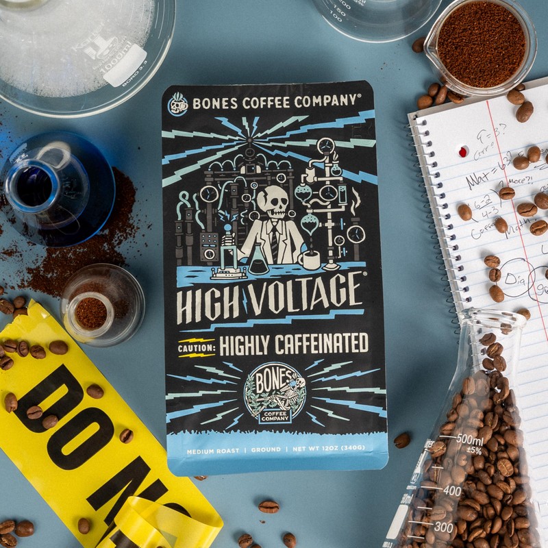 Bones Coffee Company High Voltage, Highly Caffeinated Unflavored Coffee, Medium